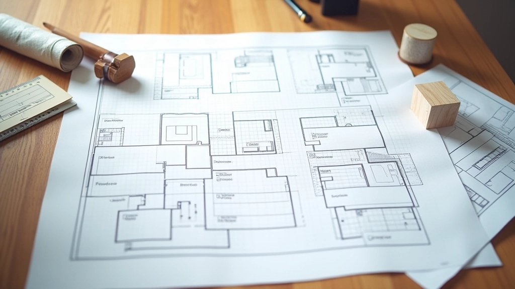 Architect blueprints met grid patroon op tekenbureau, potlood en lineaal, technische tekeningen, bovenaanzicht, helder daglicht, scherpe detail