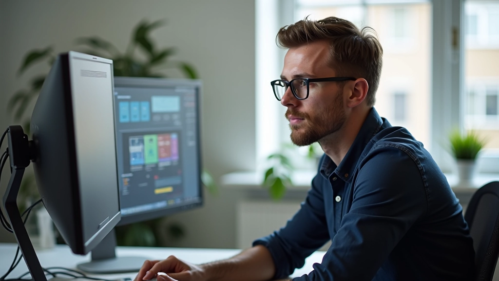 Designer werkend aan CSS Grid layout op computerscherm, twee monitors, lichte werkplek, code editor zichtbaar, professionele kantoor omgeving