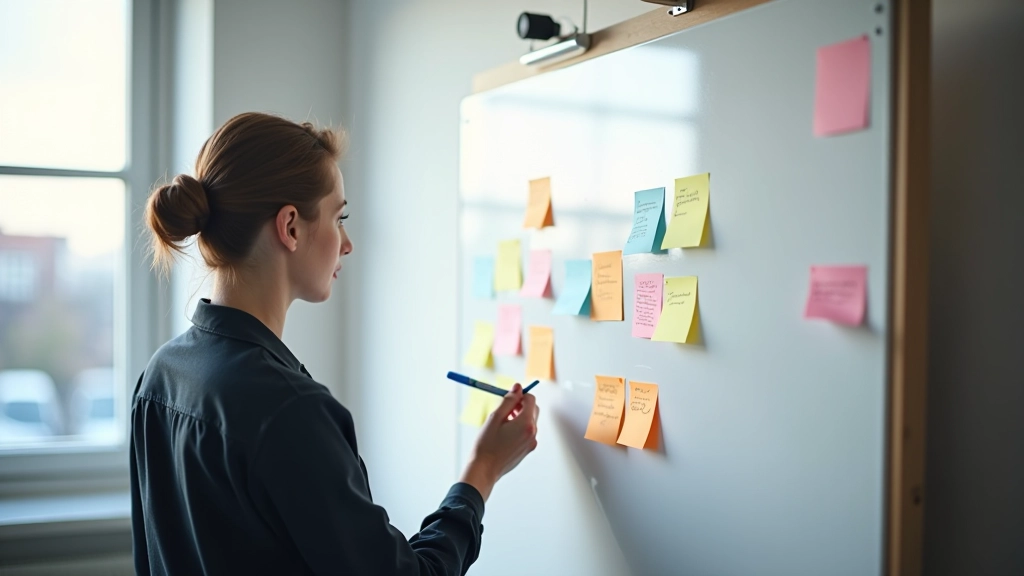 Designer schetst layout op whiteboard met sticky notes en markers, collaborative workspace, natuurlijk licht, scherp detail