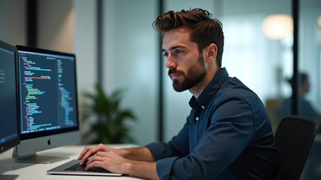 Webdesigner werkend op laptop met twee monitors, CSS code zichtbaar, moderne kantoor, felle verlichting, bovenaanzicht