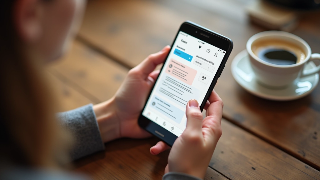 Mobiele telefoon met responsieve kaart layout op scherm, houten tafel, koffiekopje, overhead view, daglicht, scherp gedetailleerd