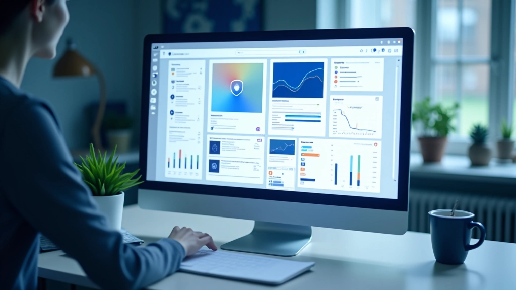 Magazine layout grid ontwerp met kaarten voor zakelijke website, modern design dashboard, blauwe en grijze kleuren, computerscherm, professionele workspace